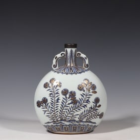 Chinese Qing Dynasty Blue and White Gold Flower Pattern Moon Vase