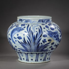 Chinese Yuan Dynasty Blue and White Fish and Algae Pattern Jar