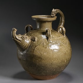 Chinese Northern and Southern Dynasties Celadon Four-Handled Animal-Headed Dragon-Handled Ewer