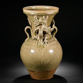 Chinese Northern and Southern Dynasties Celadon Four-Handed Pan-Mouthed Vase