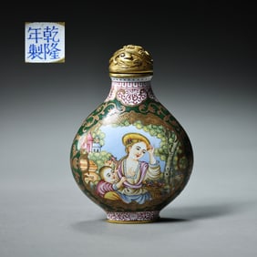 Chinese Qing Dynasty Qianlong period enamel window Western figure pattern snuff bottle