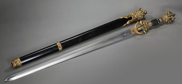 Chinese Ming Dynasty Gilded Bronze and Gem-Inlaid Mongolian Sword