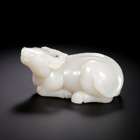 Chinese Qing Dynasty Hetian White Jade Lying Cow