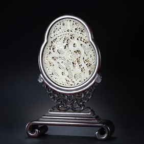 Chinese Qing Dynasty Rosewood Inlaid Hetian White Jade Screen