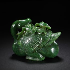 Chinese Qing Dynasty Hetian Jade Goose Holding Sesame