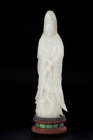 Chinese Qing Dynasty Hotan White Jade Standing Guanyin