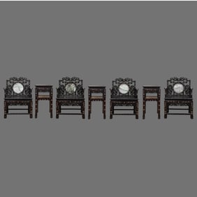 A group of Chinese Qing Dynasty rosewood mother-of-pearl inlaid marble thrones