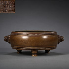 Chinese Ming Dynasty tripod bronze censer with double animal ears