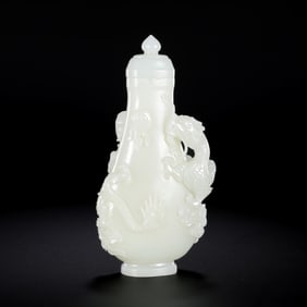 Chinese Qing Dynasty Hetian White Jade Dragon Pattern Covered Vase