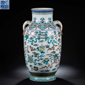 Chinese Qing Dynasty Qianlong Period Doucai Eight Treasures Pattern Double Elephant Ring Ear Vase