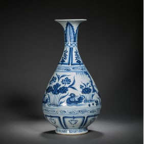 Chinese Yuan Dynasty Blue and White Jade Pot with Mandarin Ducks Playing in Water