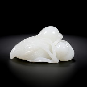 Chinese Qing Dynasty Hotan White Jade Quail Mother and Child Ornament
