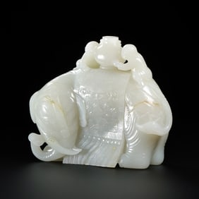 Chinese Qing Dynasty Hetian white jade boy washing elephant