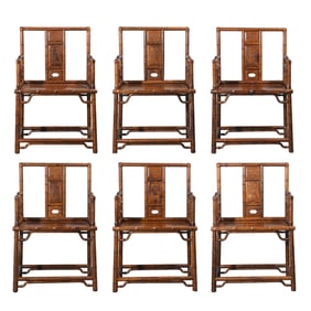 A set of Chinese bamboo pattern armrest wooden chairs