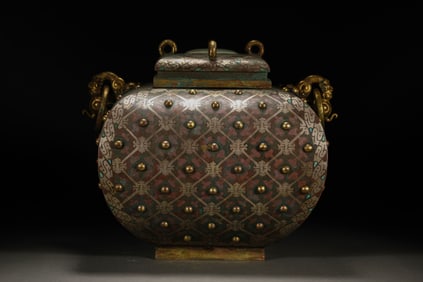 Chinese Warring States Period Gold and Silver Inlaid Square Covered Jar