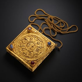 Chinese Ming Dynasty Pure Gold Inlaid Gemstone Square Buddha Amulet