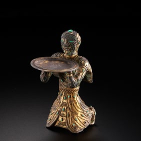 A Chinese Han Dynasty Gilt Bronze Figure with Turquoise Inlay