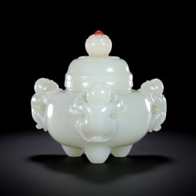 Chinese Qing Dynasty Hetian White Jade Three-Boy Tripod Covered Censer