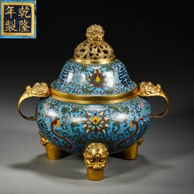 Chinese Qing Dynasty Qianlong period cloisonné three-legged covered censer