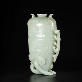 Chinese Han Dynasty Hetian Jade Dragon Elephant Foot Covered Vase