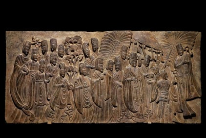 Bluestone painting of emperor worshipping Buddha during the Northern and Southern Dynasties