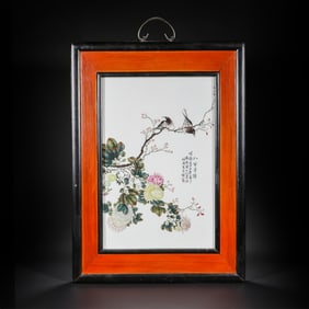 Chinese 20th century master of art, flower and bird pattern porcelain panel painting hanging screen