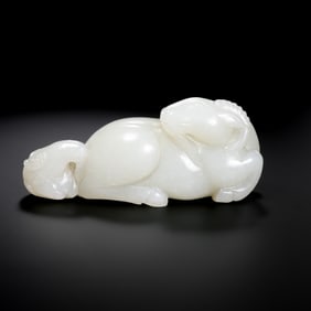 Chinese Qing Dynasty Hetian White Jade Sheep and Child