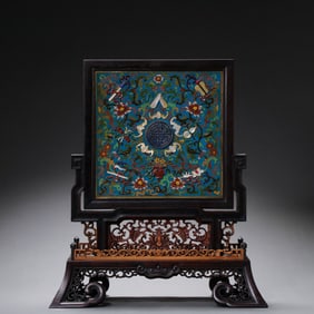 Chinese Qing Dynasty Rosewood Inlaid Cloisonne Enamel Screen