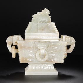 Chinese Qing Dynasty Hetian white jade double-ring ear beast-faced lidded stove