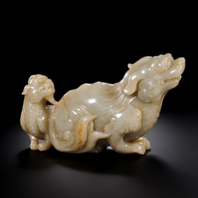 Chinese Ming Dynasty Hetian Jade Mother and Child Auspicious Beasts