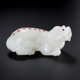 Chinese Qing Dynasty Hetian White Jade Inlaid with Gemstones and Auspicious Beasts