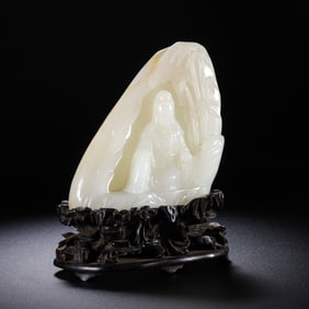 Chinese Qing Dynasty Hotan White Jade Carved Seated Guanyin