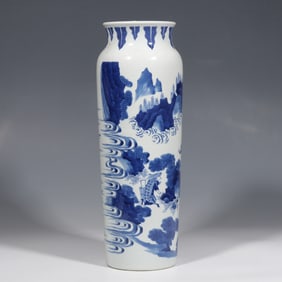 Chinese Qing Dynasty Blue and White Landscape Figure Story Pattern Elephant Leg Vase