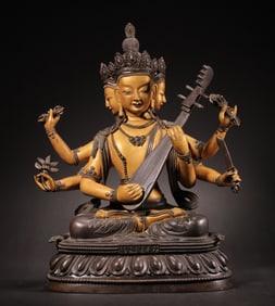 A Chinese bronze partially gilded six-character Buddha statue from the Qianlong period of the Qing