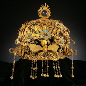 Chinese Qing Dynasty Silver Gilded Phoenix Crown with Jade and Gemstones