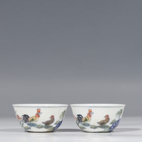 A pair of Chinese Doucai chicken cups from the Yongzheng period of the Qing Dynasty