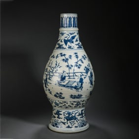 Chinese Ming Dynasty Blue and White Figure Story Long-necked Vase