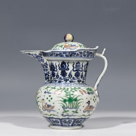 Blue and white monk's hat pot with mandarin ducks playing in water, Xuande period, Ming Dynasty,