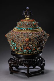 Chinese Qing Dynasty Tibetan Silver Gilded Inlaid Multi-Treasure Covered Jar