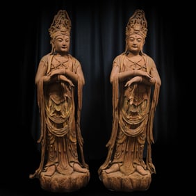 A pair of Chinese Song Dynasty painted wooden statues of Guanyin standing