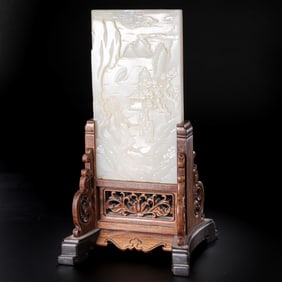Chinese Huanghuali wood inlaid with Hetian white jade screen, Qing Dynasty