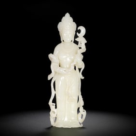 Chinese Qing Dynasty Hotan White Jade Standing Guanyin
