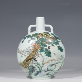 Chinese Moon-shaped Vase with Flower and Bird Pattern, Qianlong Period, Qing Dynasty
