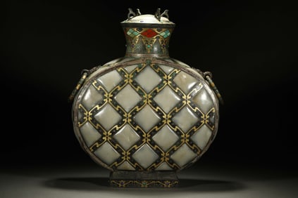 Chinese Warring States Period Gold and Silver Inlaid Hetian Jade Flat Pot