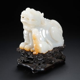 Chinese Qing Dynasty Hotan White Jade Mother and Child Auspicious Beasts
