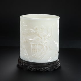 Chinese Qing Dynasty Hetian White Jade Carved Brush Holder