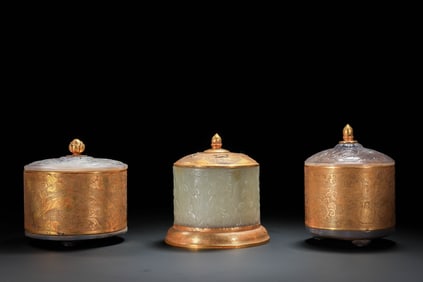 A Group of Chinese Tang Dynasty Gold-Inlaid Jade Covered Jars