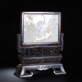 Chinese Qing Dynasty Rosewood Inlaid Hetian White Jade Screen