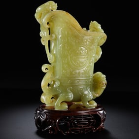 Chinese Qing Dynasty Hetian yellow jade goblet with dragon pattern