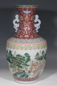 Chinese Qing Dynasty Qianlong period pink enamel figure story pattern double handle vase